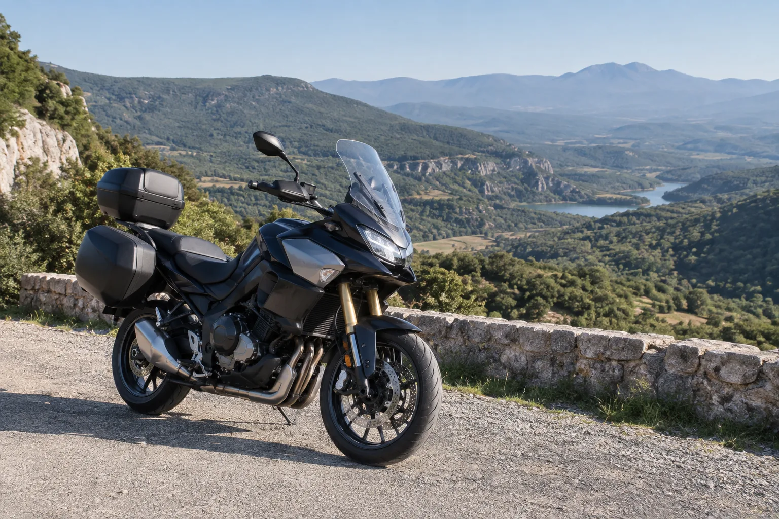 Une moto stationnée au bord d’une route sinueuse, face aux collines boisées du pays de l’Artuby.