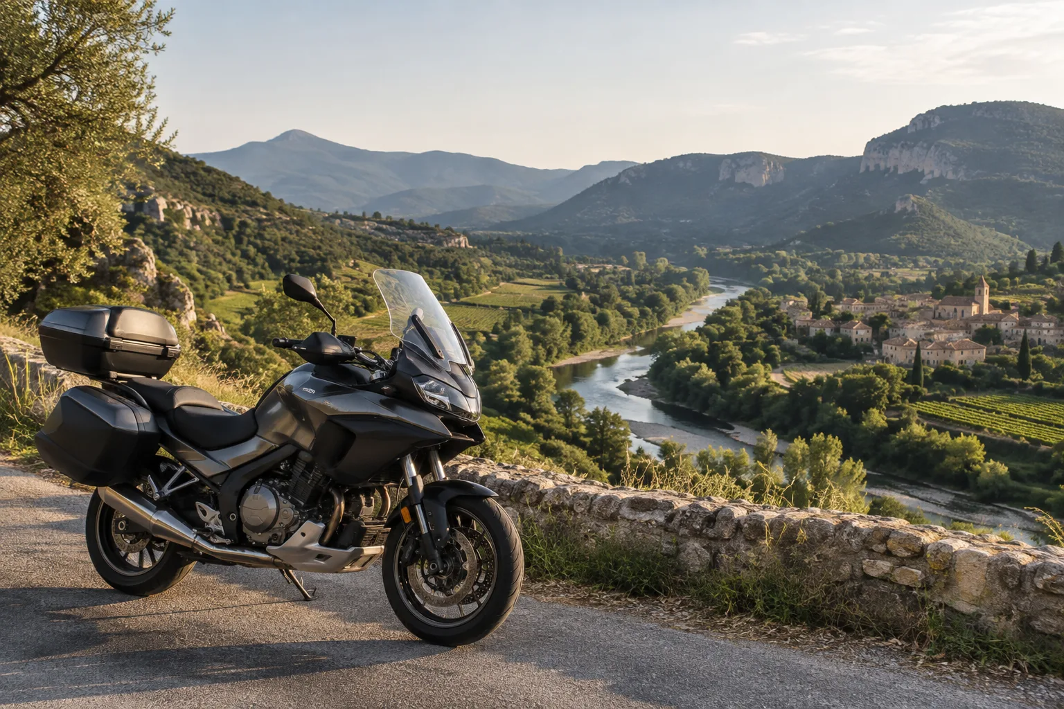 Une moto stationnée sur une route du Var, face à une vallée verdoyante et à un cours d’eau.