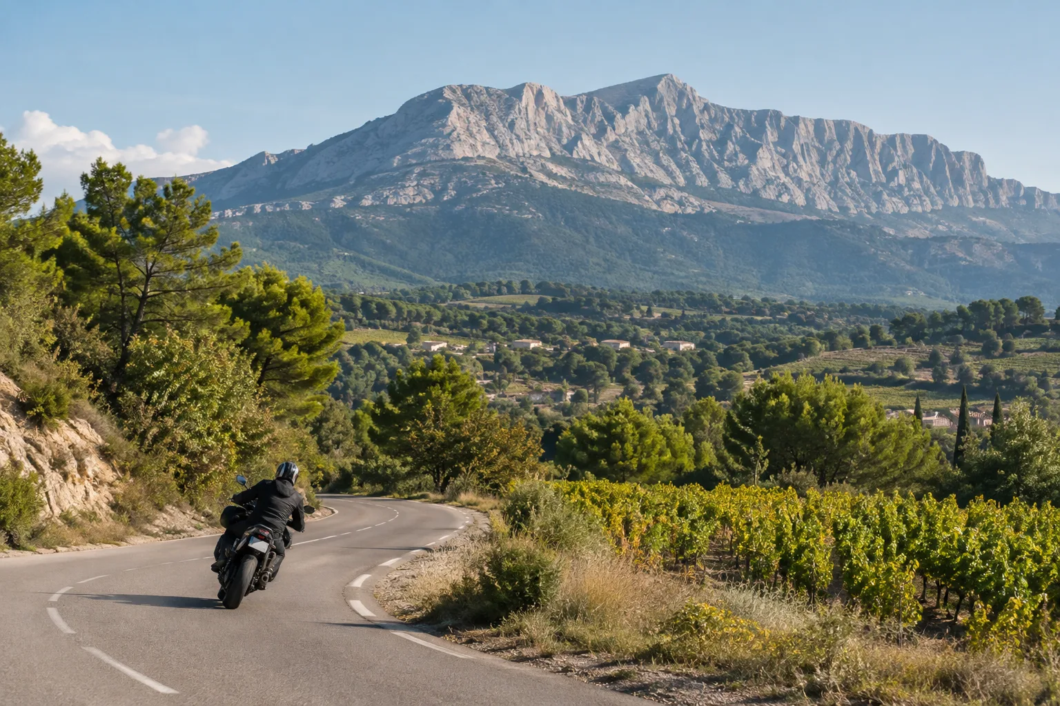 Un motard aborde une courbe au pied des reliefs calcaires de la Sainte-Victoire.