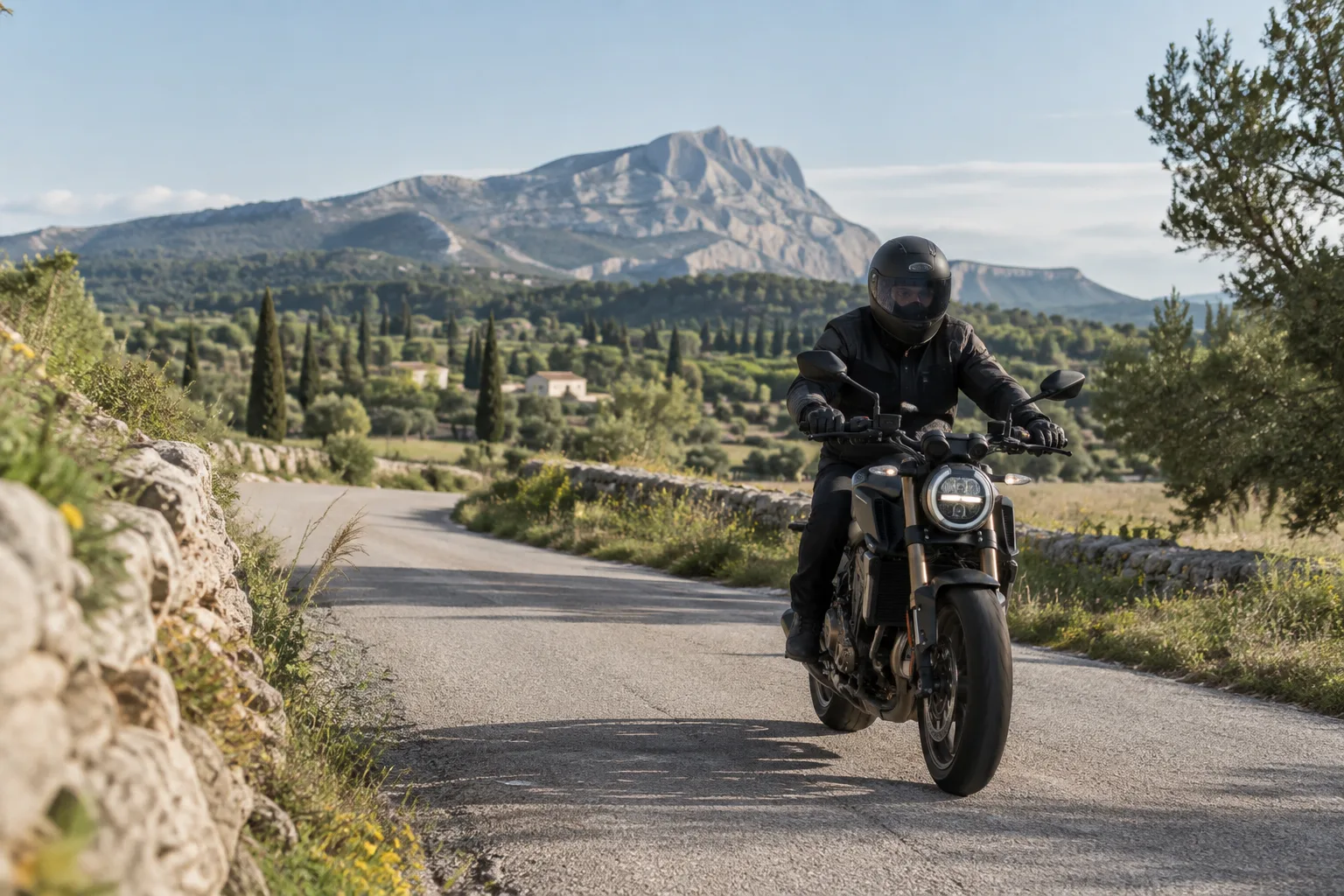 Un motard roule sur une route de campagne avec la montagne Sainte-Victoire en arrière-plan.