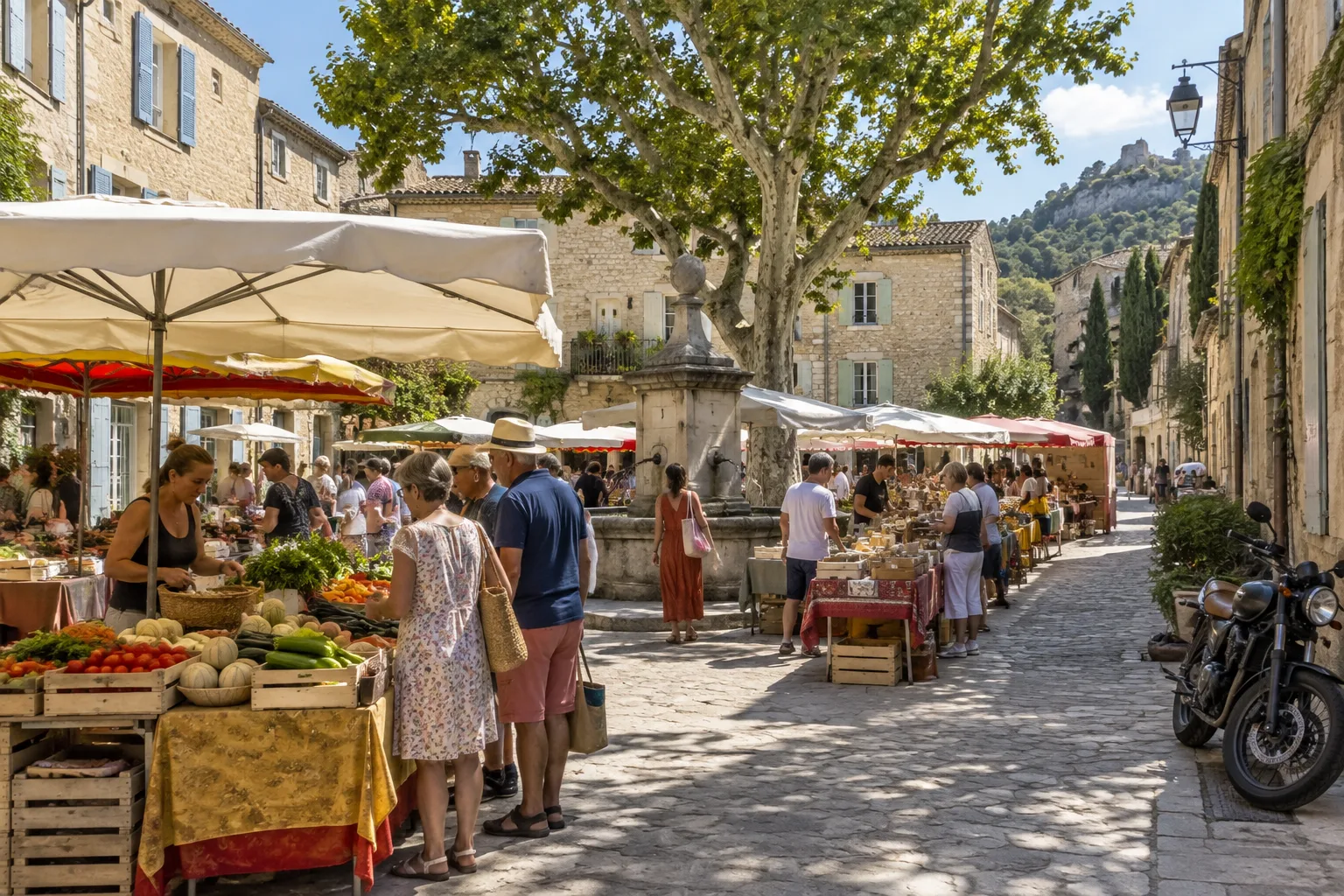 Des étals de marché occupent une place de village du sud du Vaucluse, avec une moto stationnée à l’écart.