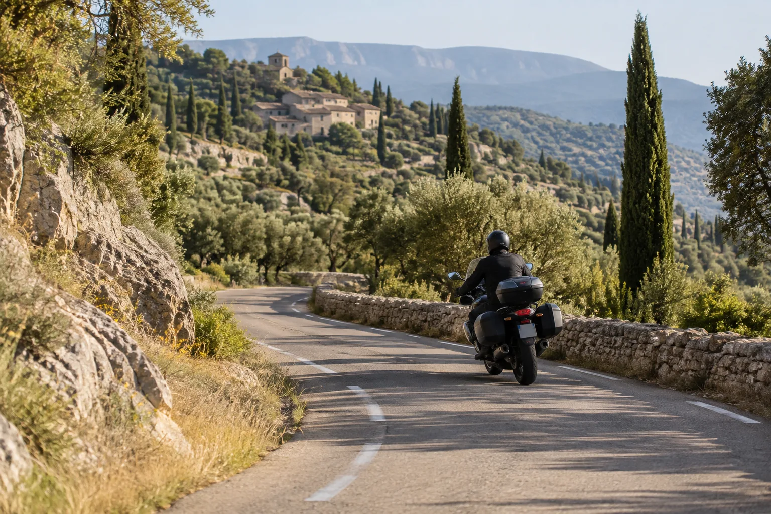 Une moto suit une petite route sinueuse entre des collines provençales couvertes de végétation méditerranéenne.