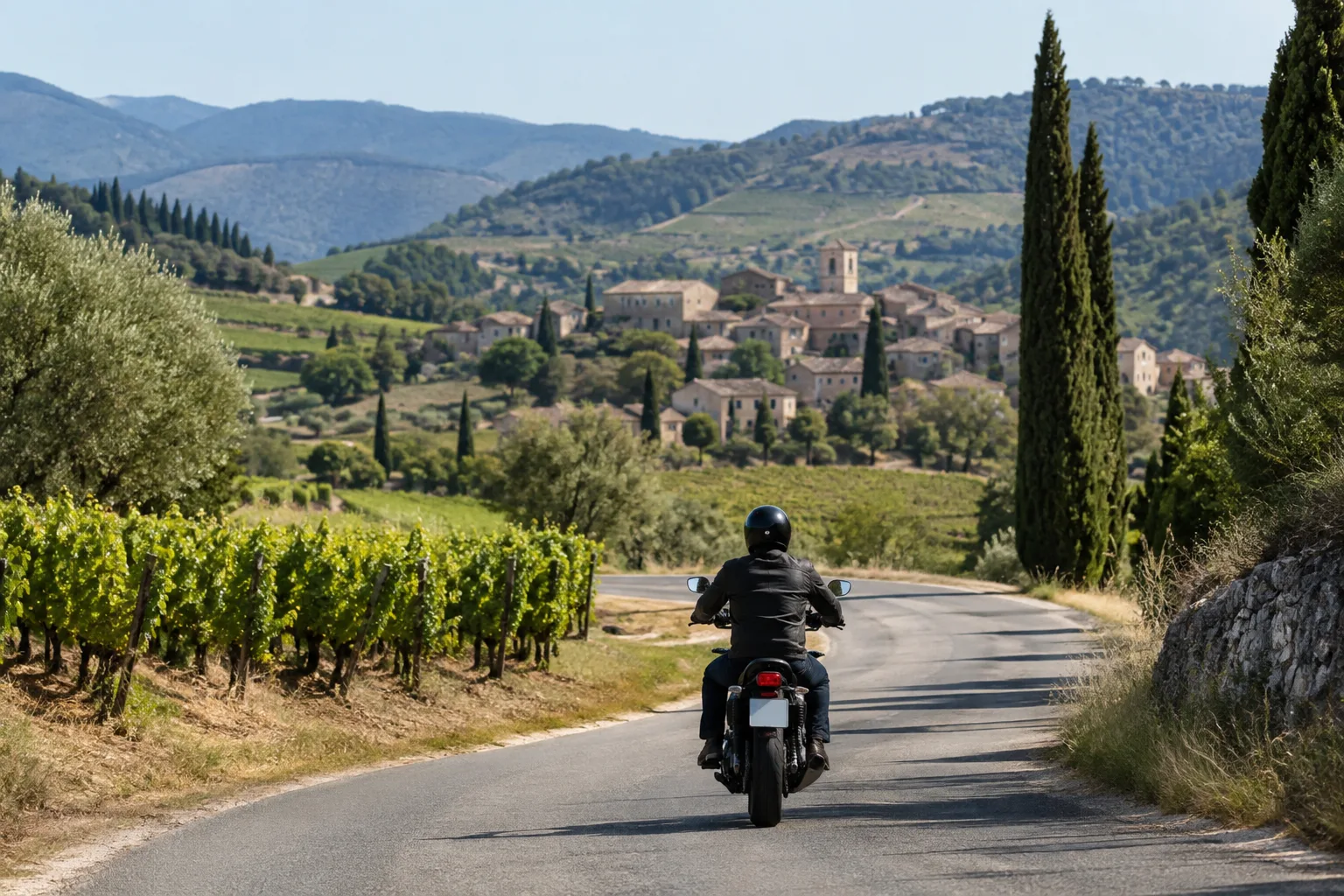Un motard roule sur une petite route bordée de vignes, avec un village provençal au loin.