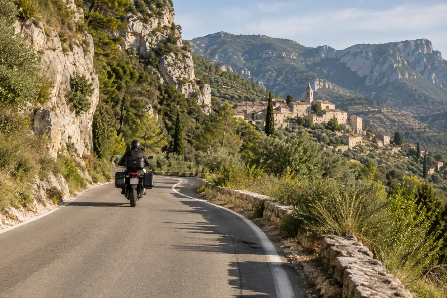 Un motard roule sur une route de vallée bordée de reliefs calcaires, en direction d’un village des Baronnies.