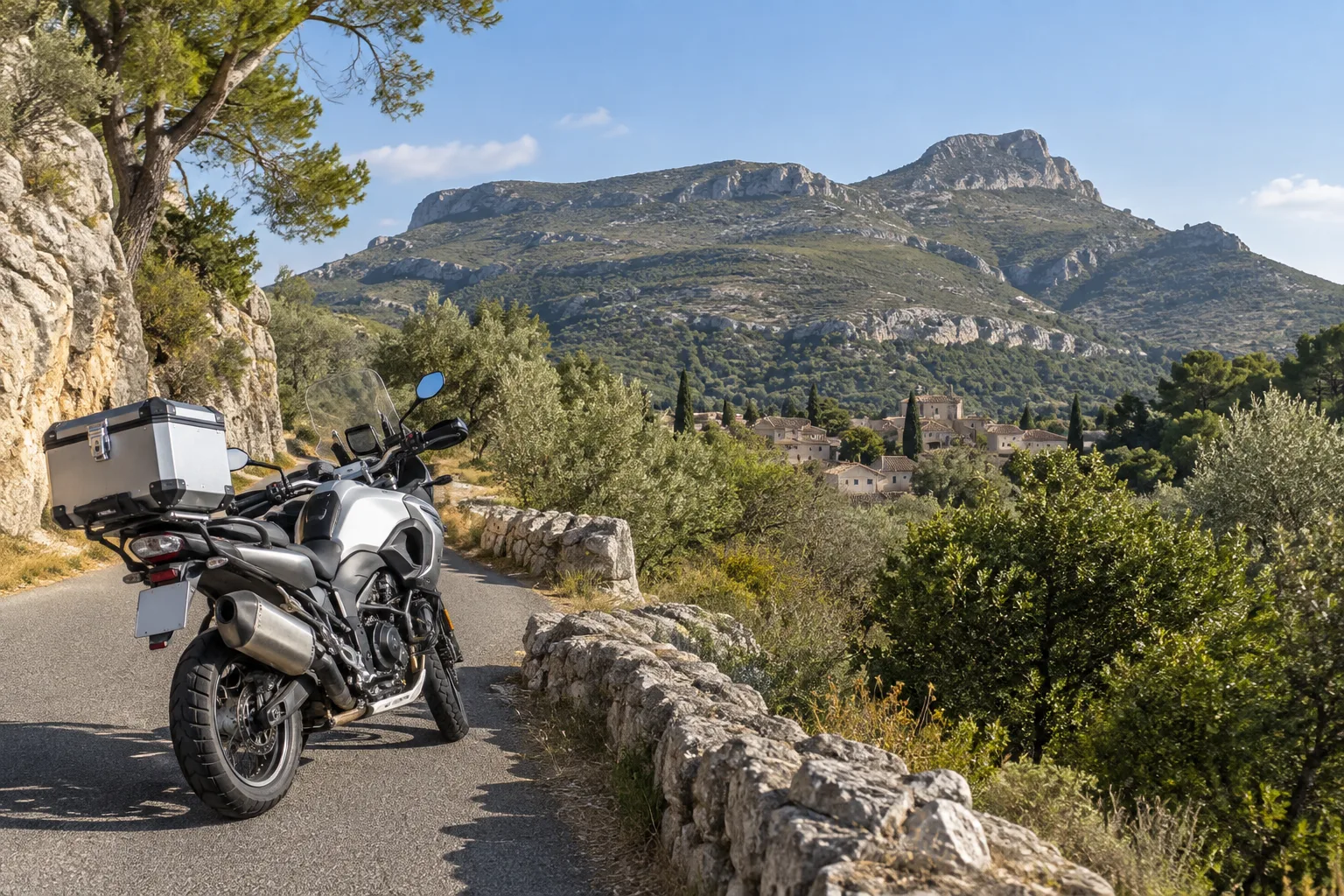 Une moto stationnée au bord d’une route provençale, avec les collines du Garlaban en arrière-plan.