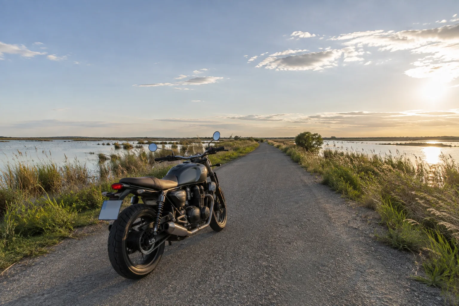 Une moto roule sur une route camarguaise bordée de roselières et d’étangs sous un vaste ciel.