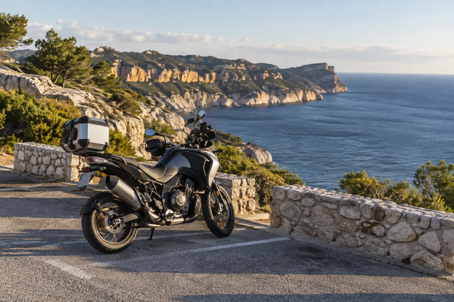 Une moto stationnée face aux falaises calcaires et à la mer sur la route des Crêtes entre Cassis et La Ciotat.