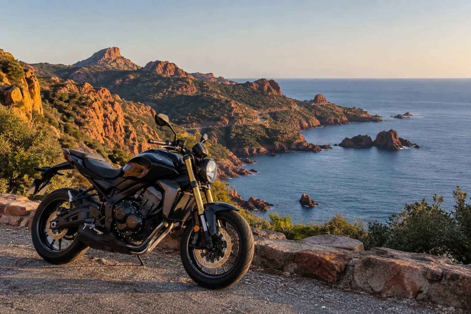 Une moto stationnée face à la Méditerranée, avec les roches rouges de l’Estérel en arrière-plan.
