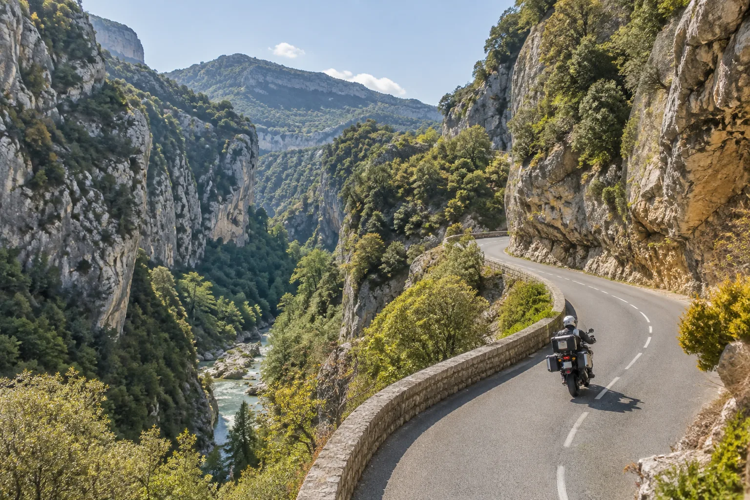 Une moto roule sur une route sinueuse au fond des gorges du Loup, entre falaises rocheuses et végétation.