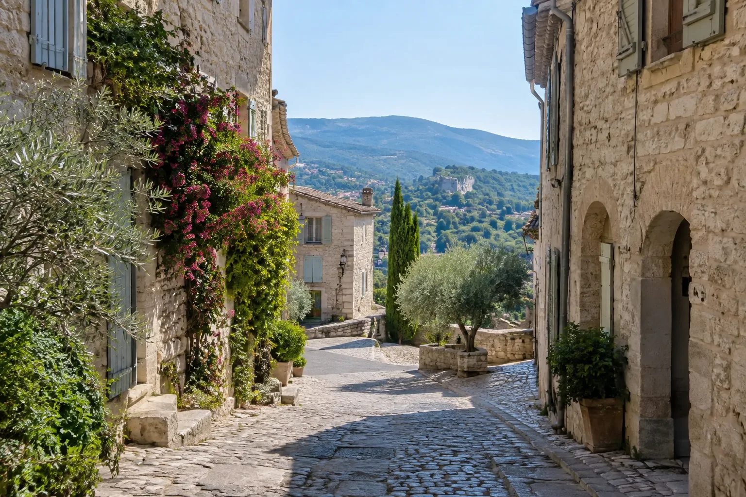 Une ruelle en pierre traverse un village provençal perché au-dessus des collines.