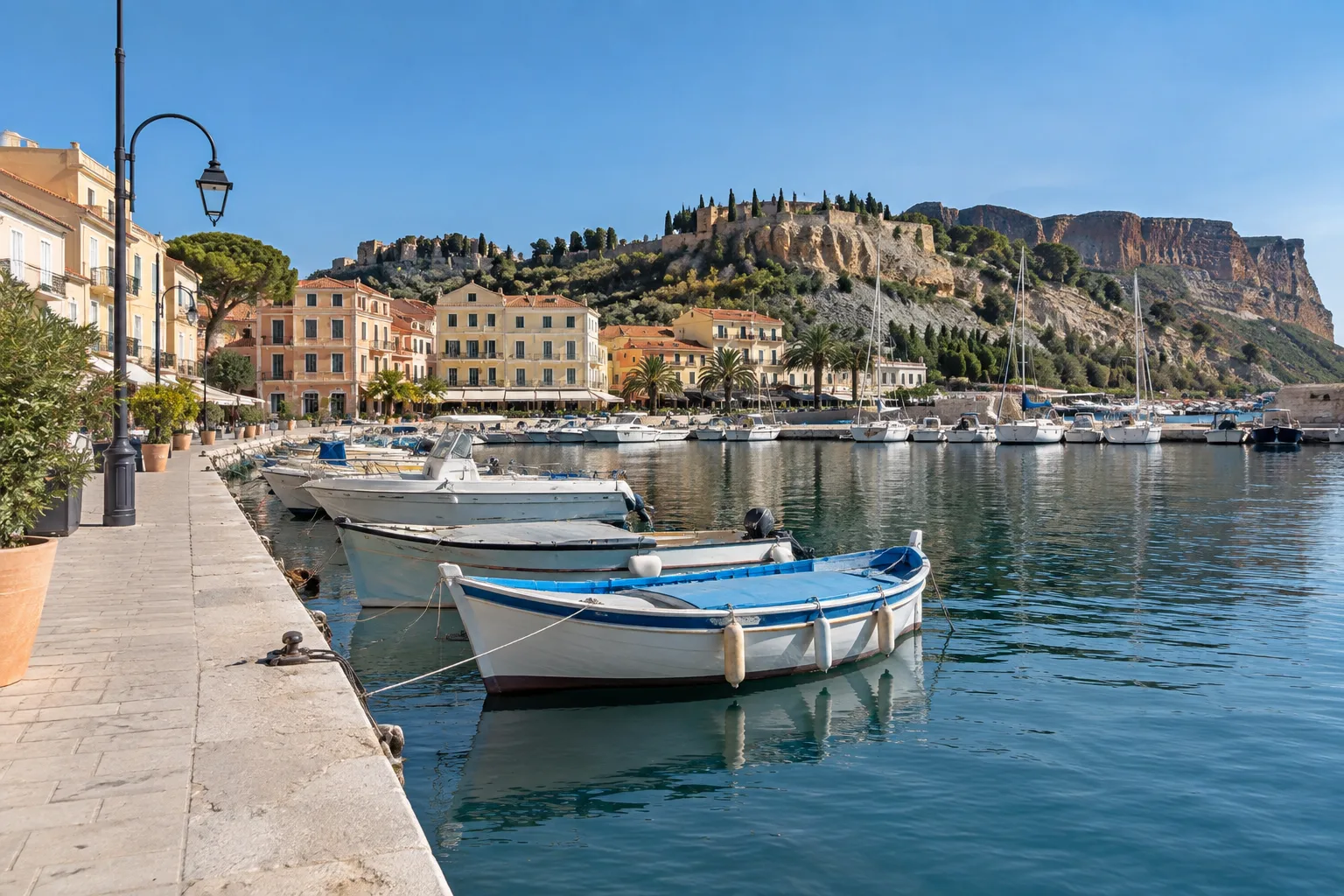 Des bateaux amarrés dans un port provençal bordé de façades et d’une promenade.