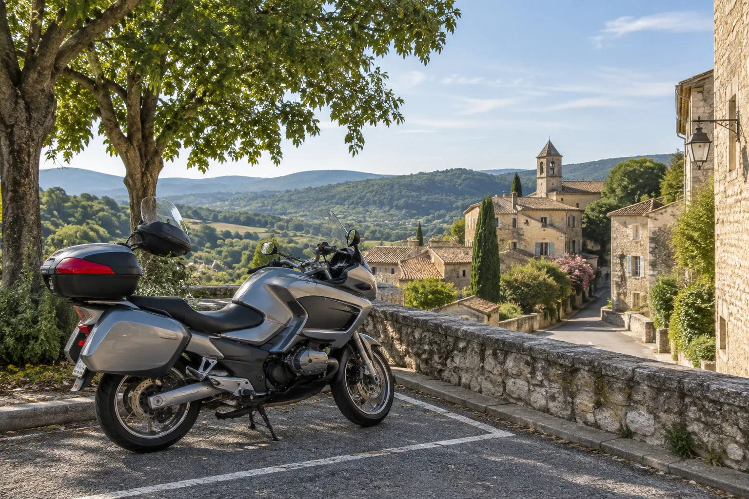 Une moto stationnée près d’un village provençal en pierre, avec des collines en arrière-plan.