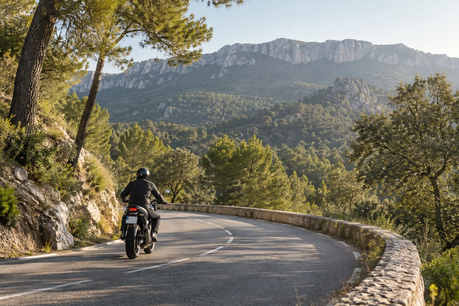 Un motard roule sur une route sinueuse bordée d’arbres dans le massif de la Sainte-Baume.