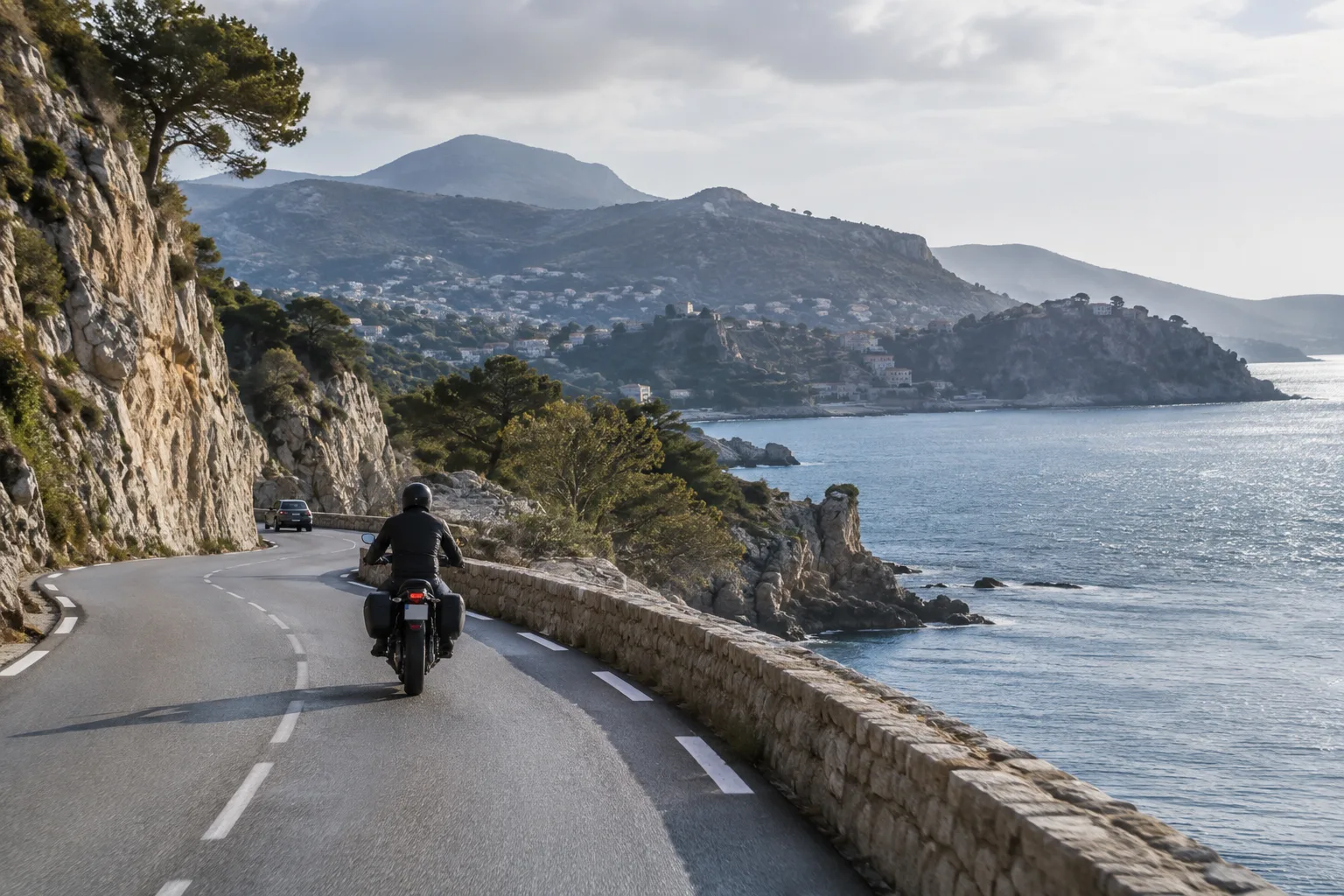 Un motard suit une route côtière avec la mer visible au-delà du bas-côté.