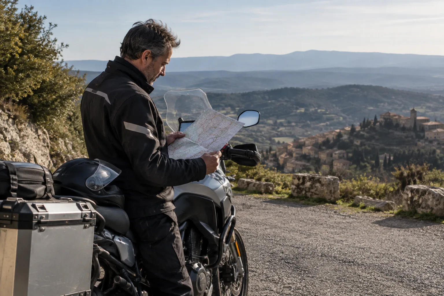Un motard consulte une carte à l’arrêt sur une aire dominant des vallons provençaux.