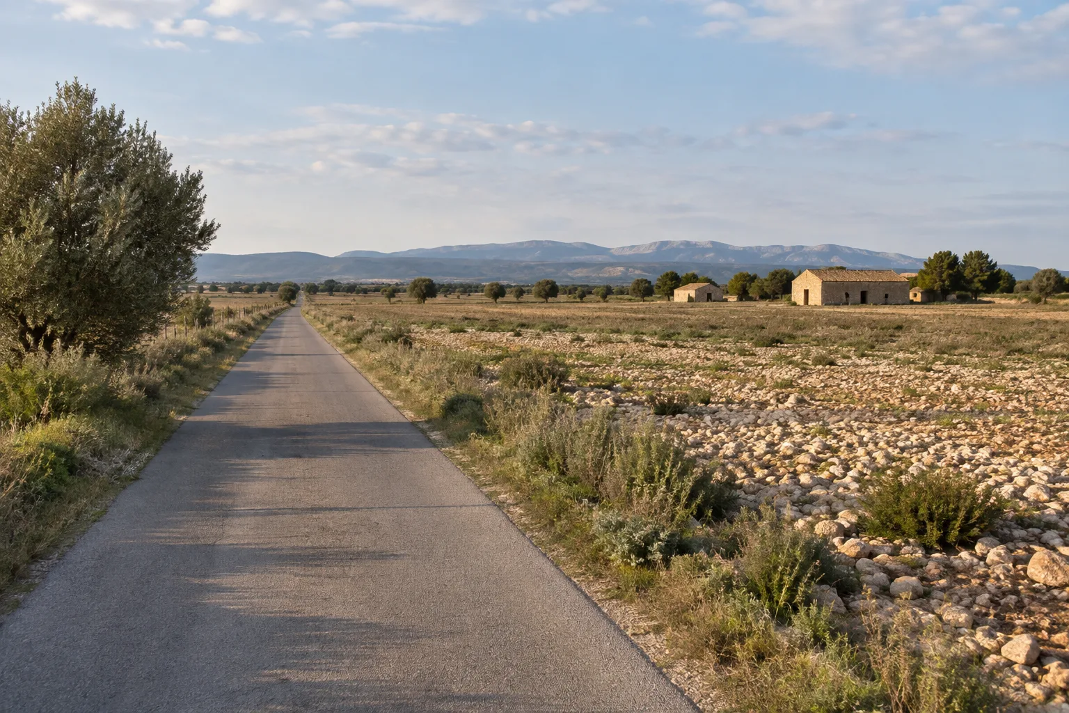 Route bordée de champs caillouteux traversant la plaine de la Crau, avec des bergeries visibles au loin.