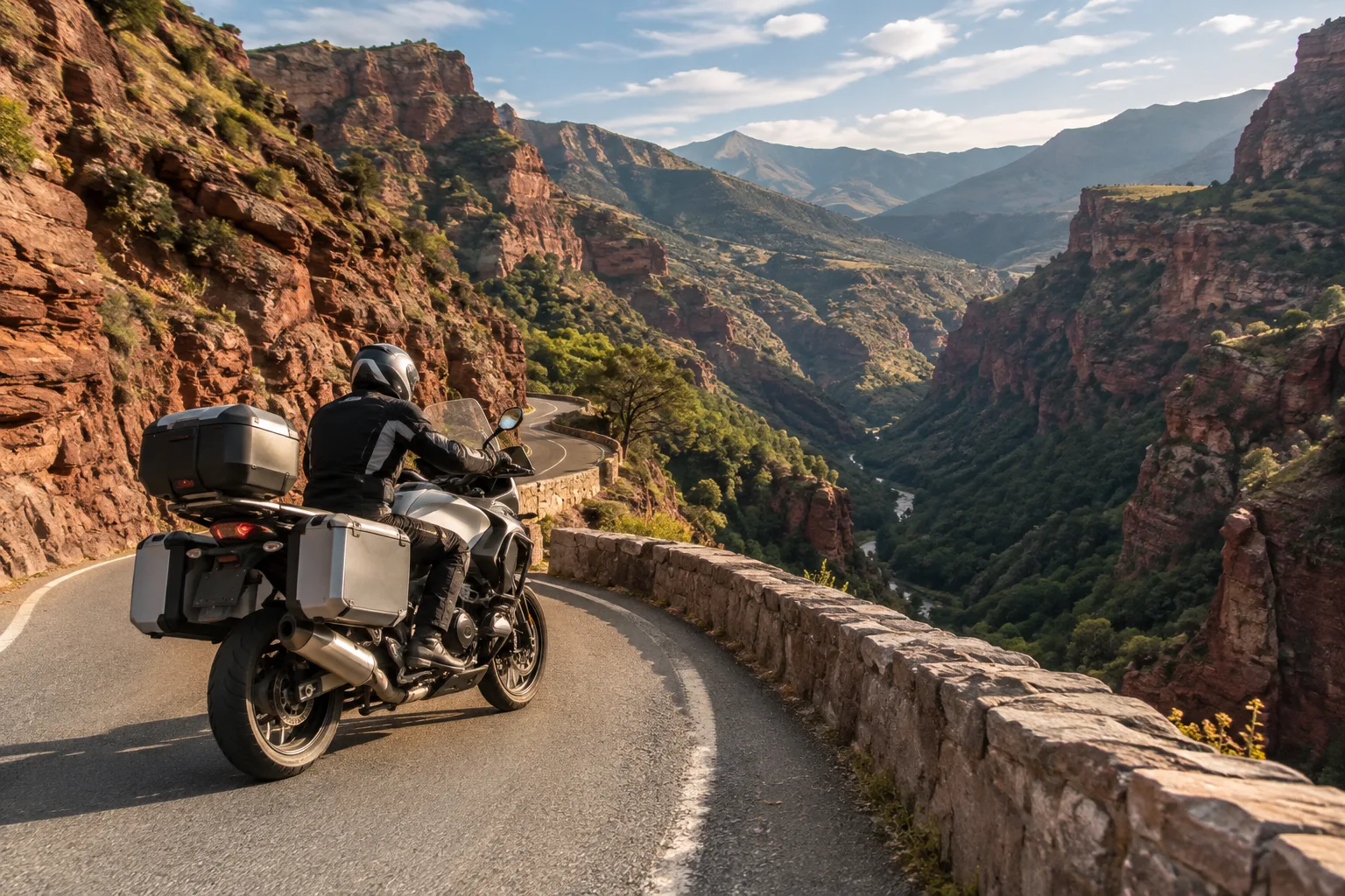Une moto sur une route sinueuse au pied des falaises rouges des gorges de Daluis.
