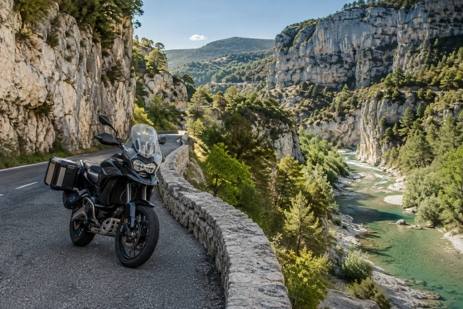 Une moto roule sur une route bordée de falaises calcaires au-dessus de la rivière Méouge.