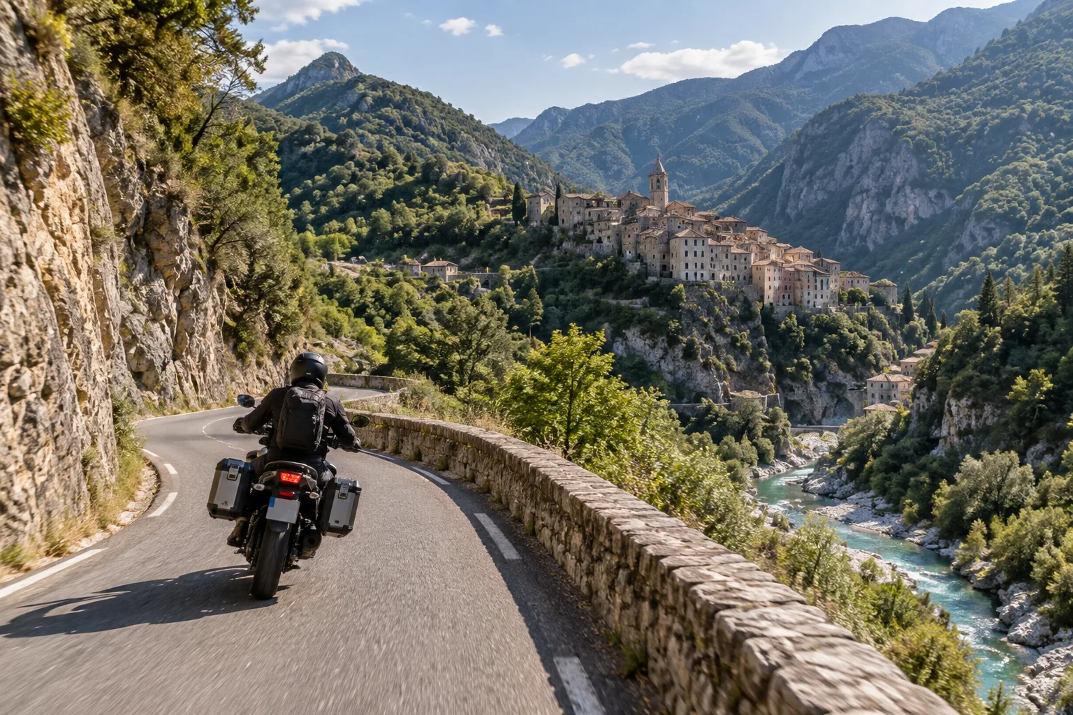 Une moto emprunte une route sinueuse dans la vallée de la Roya, avec les pentes alpines et un village perché en arrière-plan.