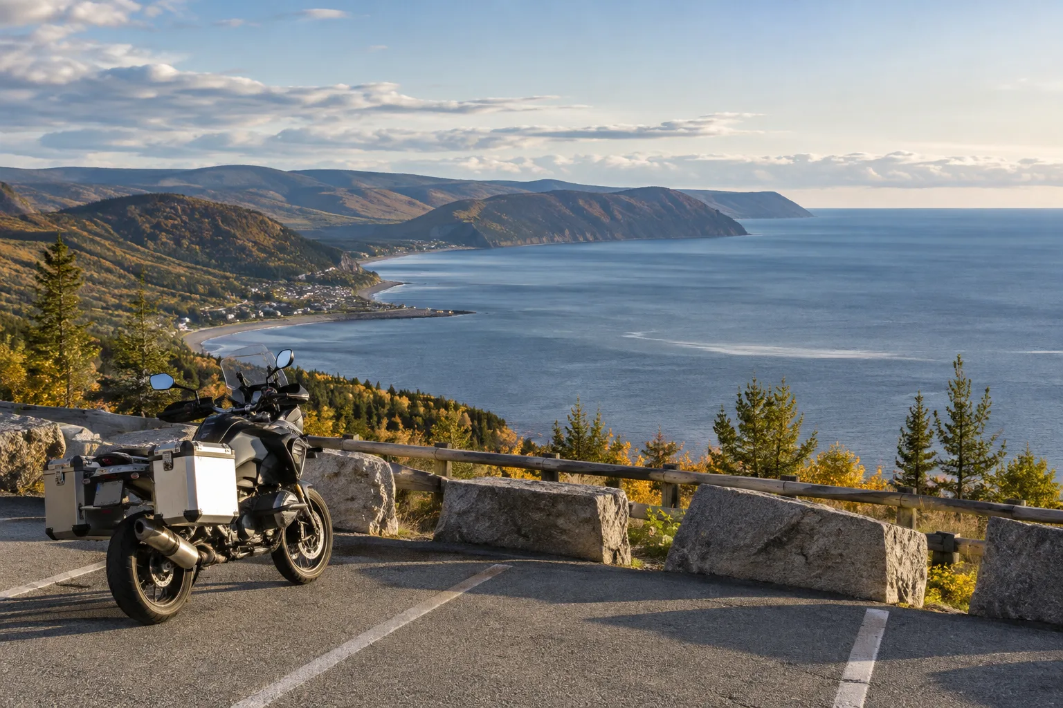 Une moto stationnée face au golfe, avec les collines de la presqu’île visibles de l’autre côté de l’eau.