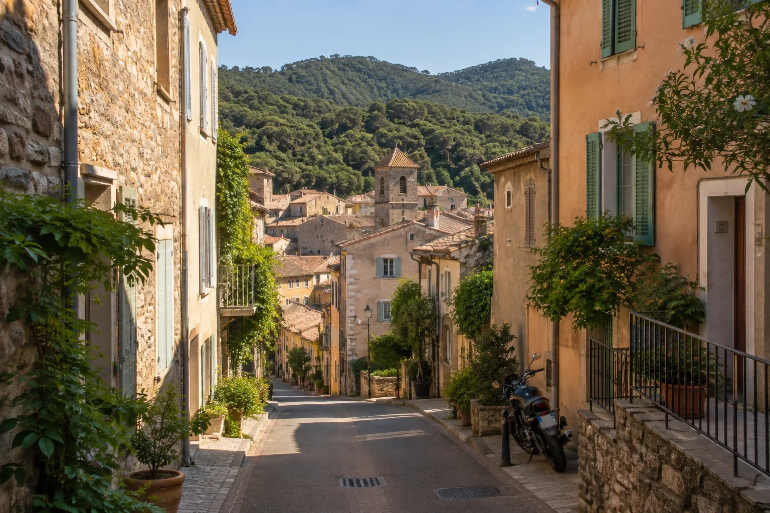 Ruelle de Collobrières avec des façades de village et les collines boisées des Maures en arrière-plan.