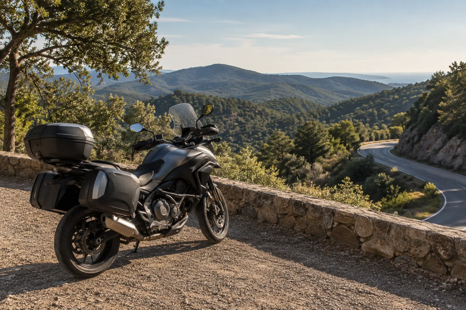 Une moto stationnée au bord d’une route des Maures, avec des collines couvertes de forêt en arrière-plan.