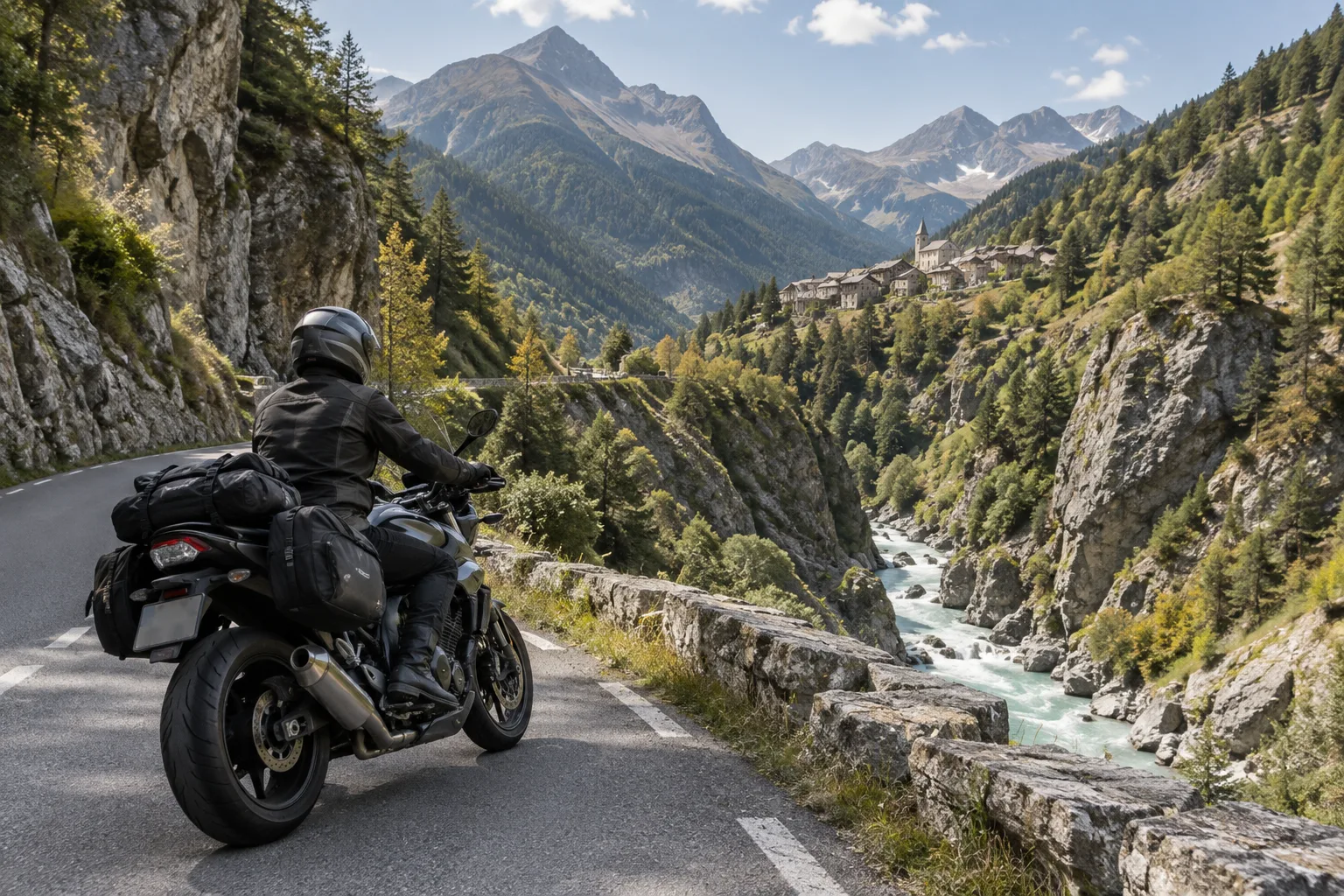 Une moto roule sur une route sinueuse au-dessus du Guil, entre les parois rocheuses du Queyras.