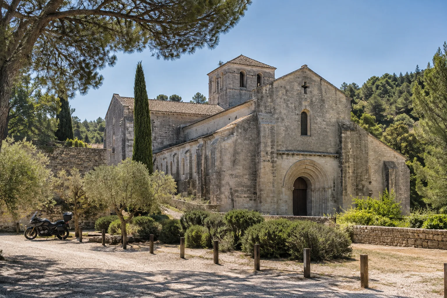 L’abbaye de Silvacane apparaît derrière une moto stationnée à l’écart dans le paysage provençal.