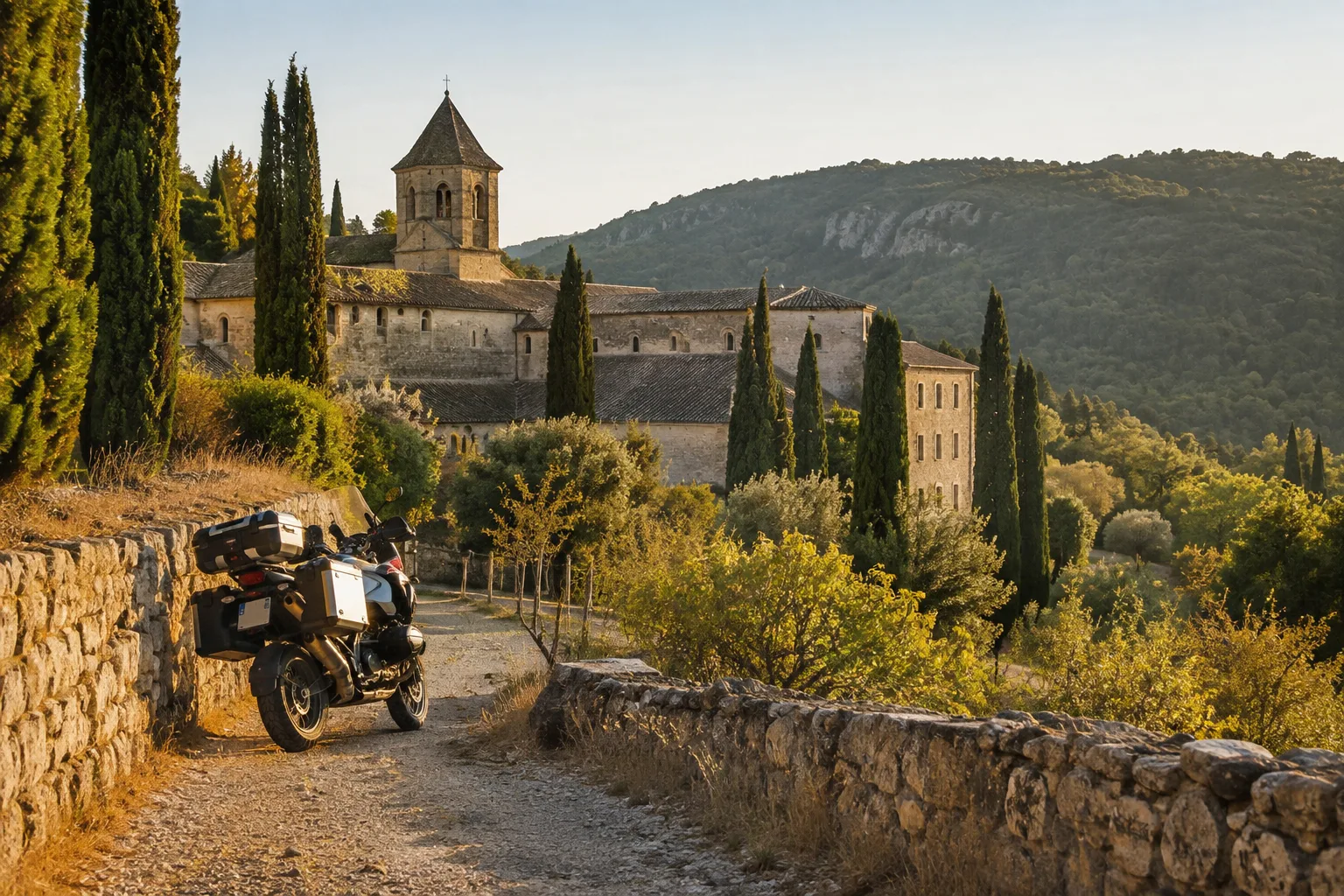 Une moto stationnée à l’écart devant une abbaye provençale en pierre, entourée de collines et de cyprès.