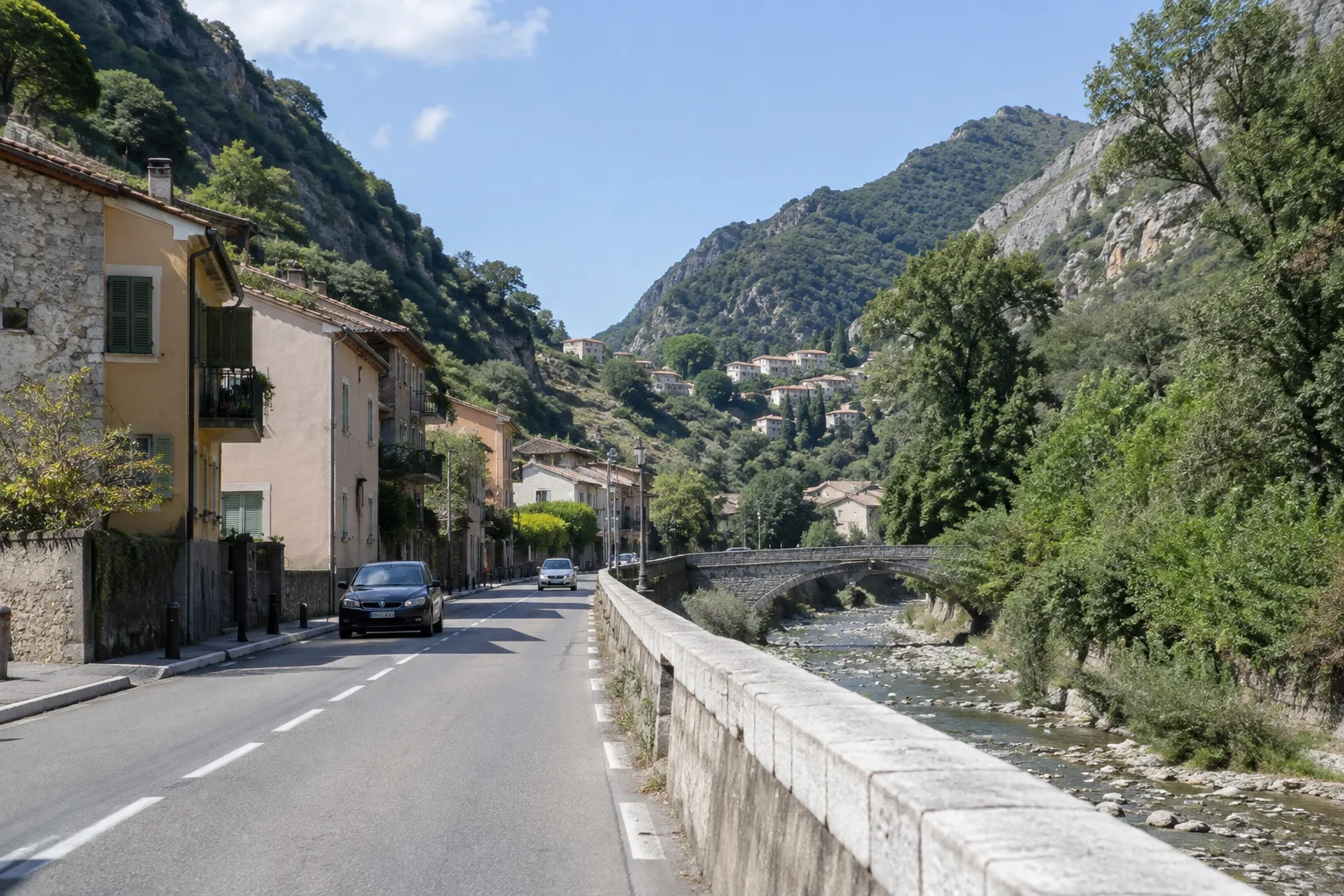 Une route traverse les quartiers de vallée en direction des reliefs autour de Contes.