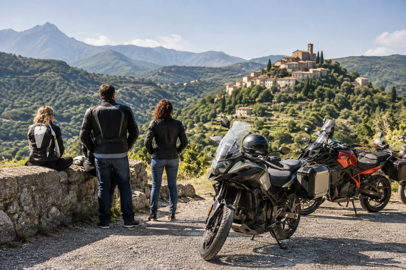 Des motards observent les collines et les maisons d’un village perché depuis un espace de stationnement.