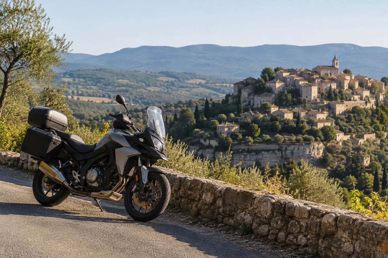 Une moto arrêtée sur une route du Luberon face à un village provençal perché.
