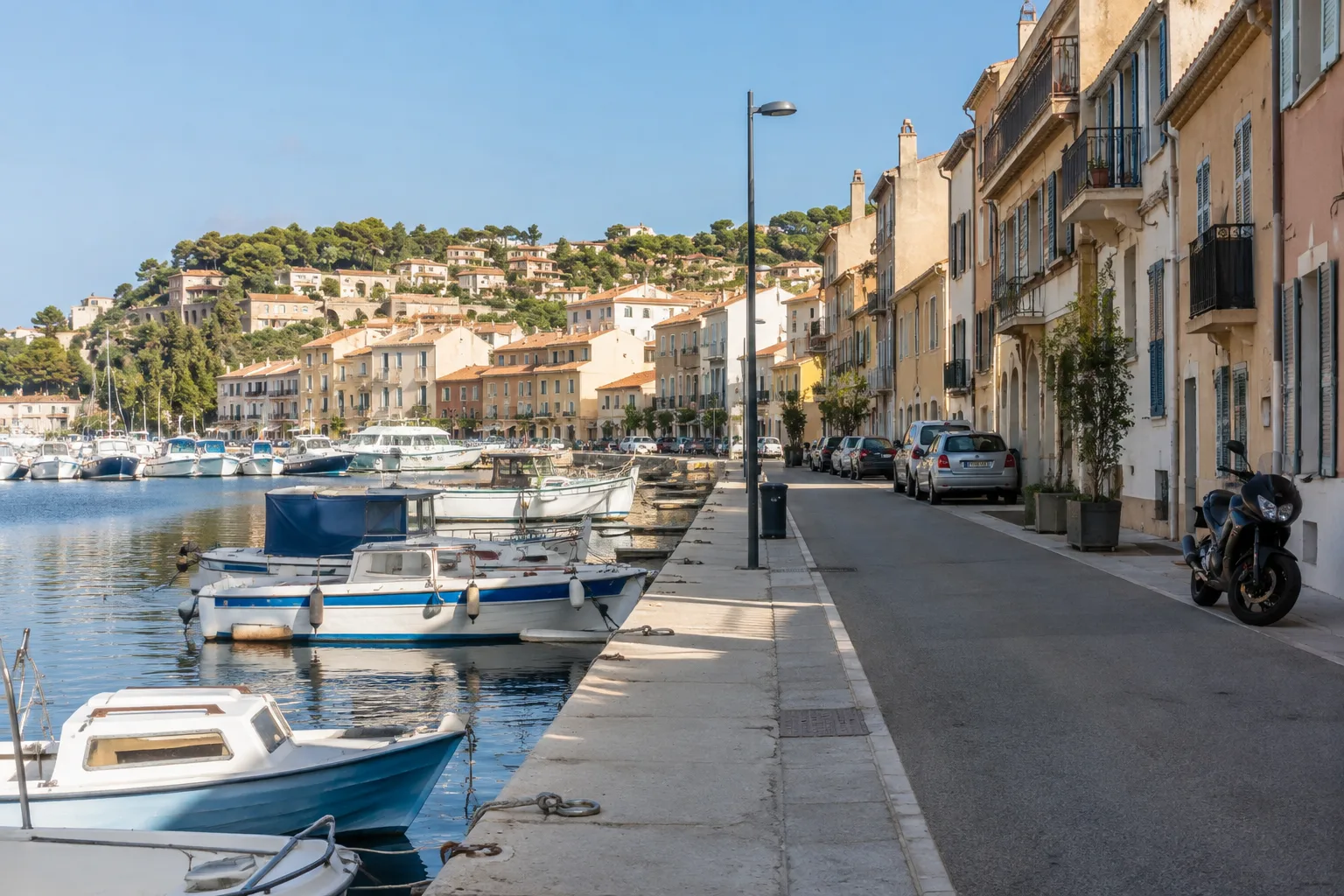 Le front de mer de l’Estaque avec ses façades, quelques bateaux dans le port et une moto stationnée sur la rue.