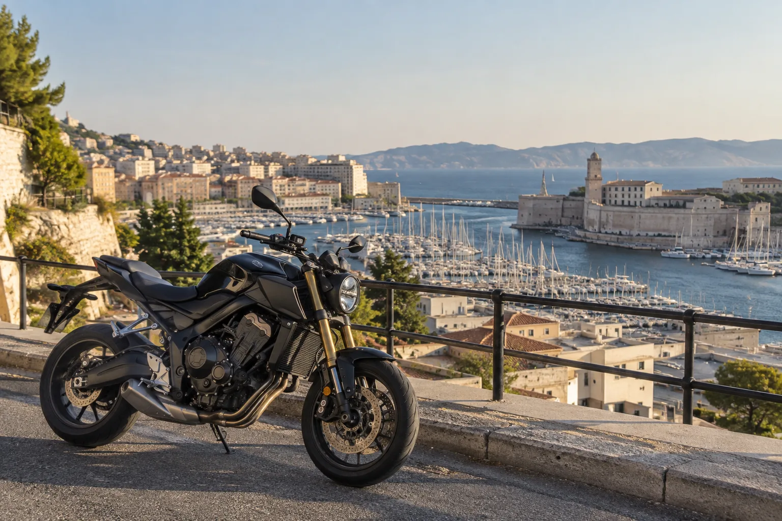 Une moto à l’arrêt sur une rue en hauteur, avec les toits de Marseille, le Vieux-Port et la mer en arrière-plan.