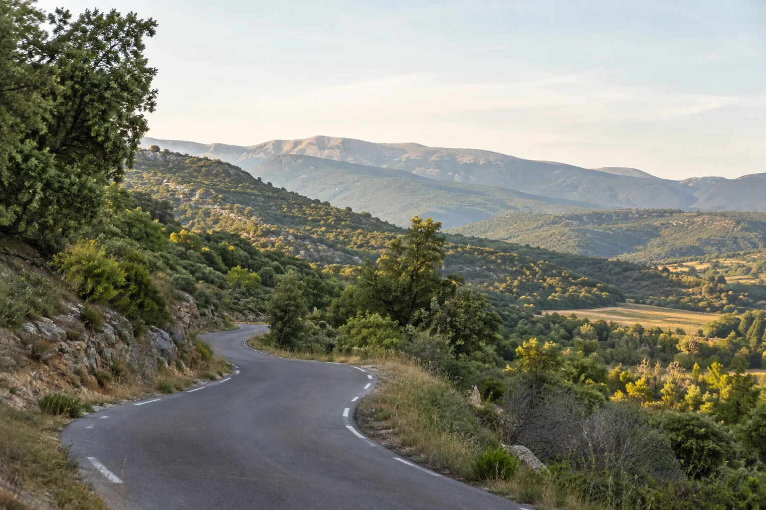 Route bordée de collines provençales au pied des crêtes de la montagne de Lure.