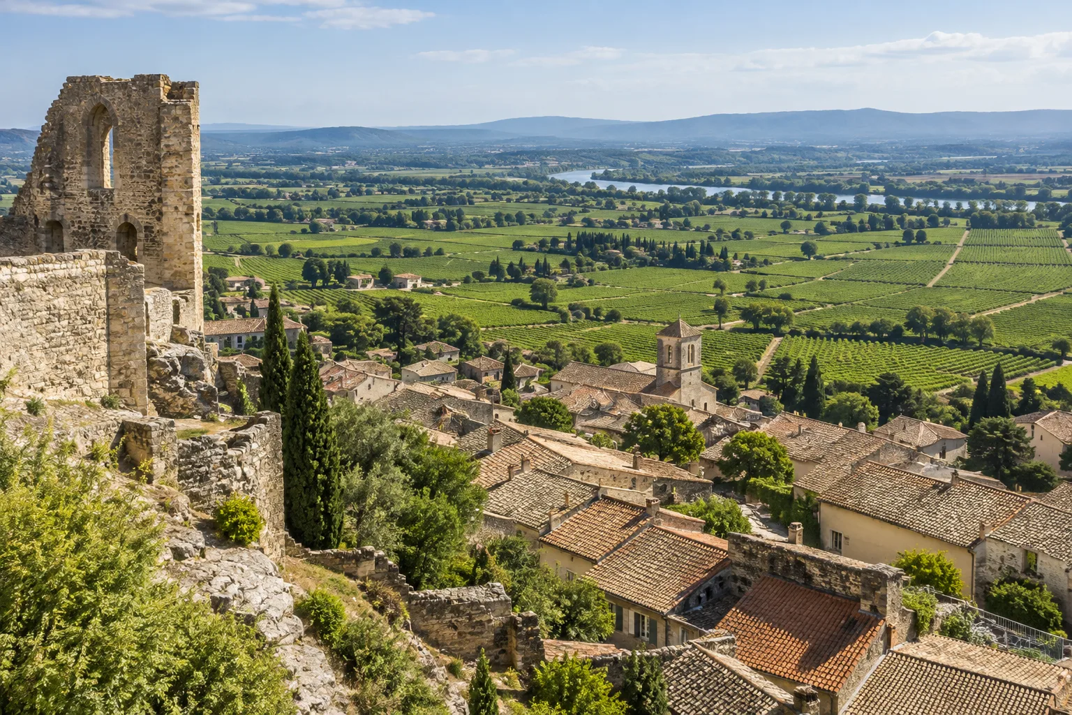 Les vestiges du château dominent le village de Châteauneuf-du-Pape et les vignes de la vallée.