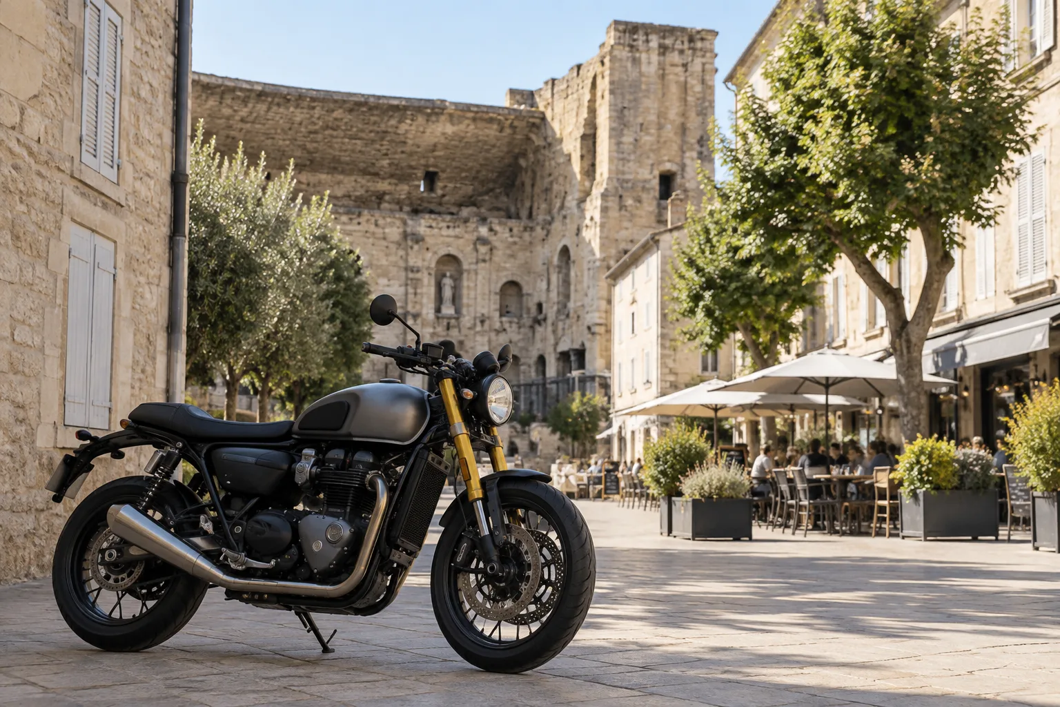 Une moto stationnée sur une place d’Orange avec le théâtre antique visible derrière les façades.
