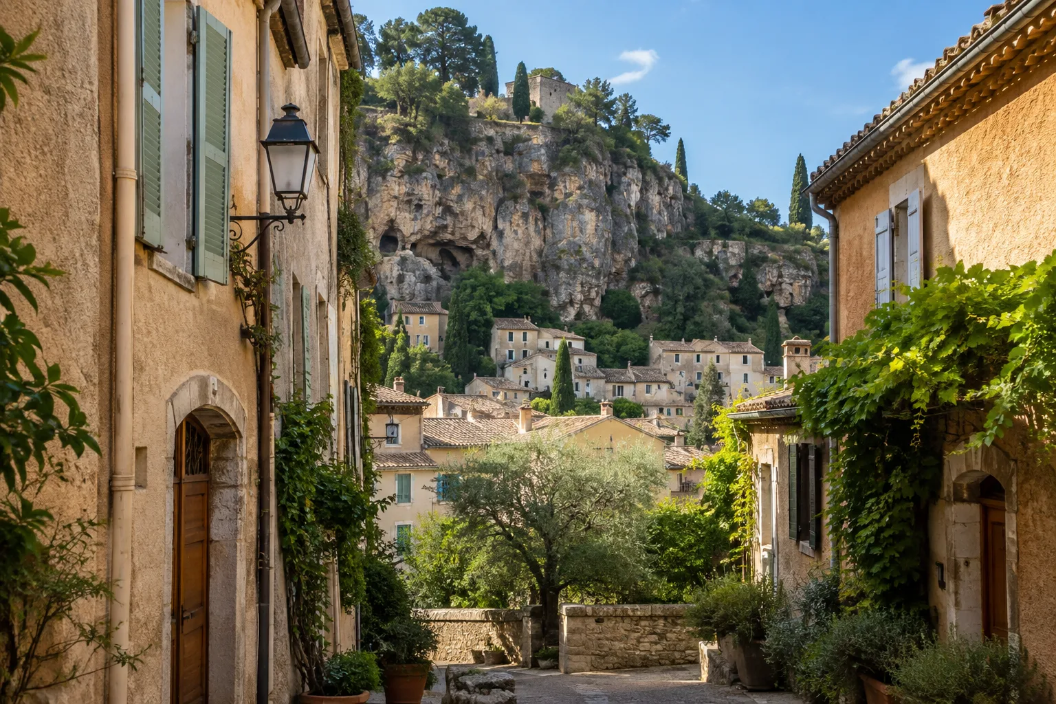 Les maisons de Cotignac au pied du relief rocheux qui domine le village.
