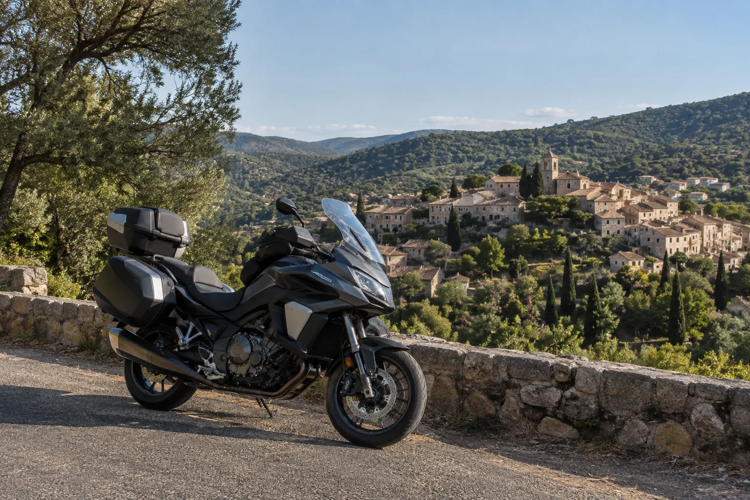 Une moto stationnée sur une route du centre Var, face à un village provençal entouré de collines.