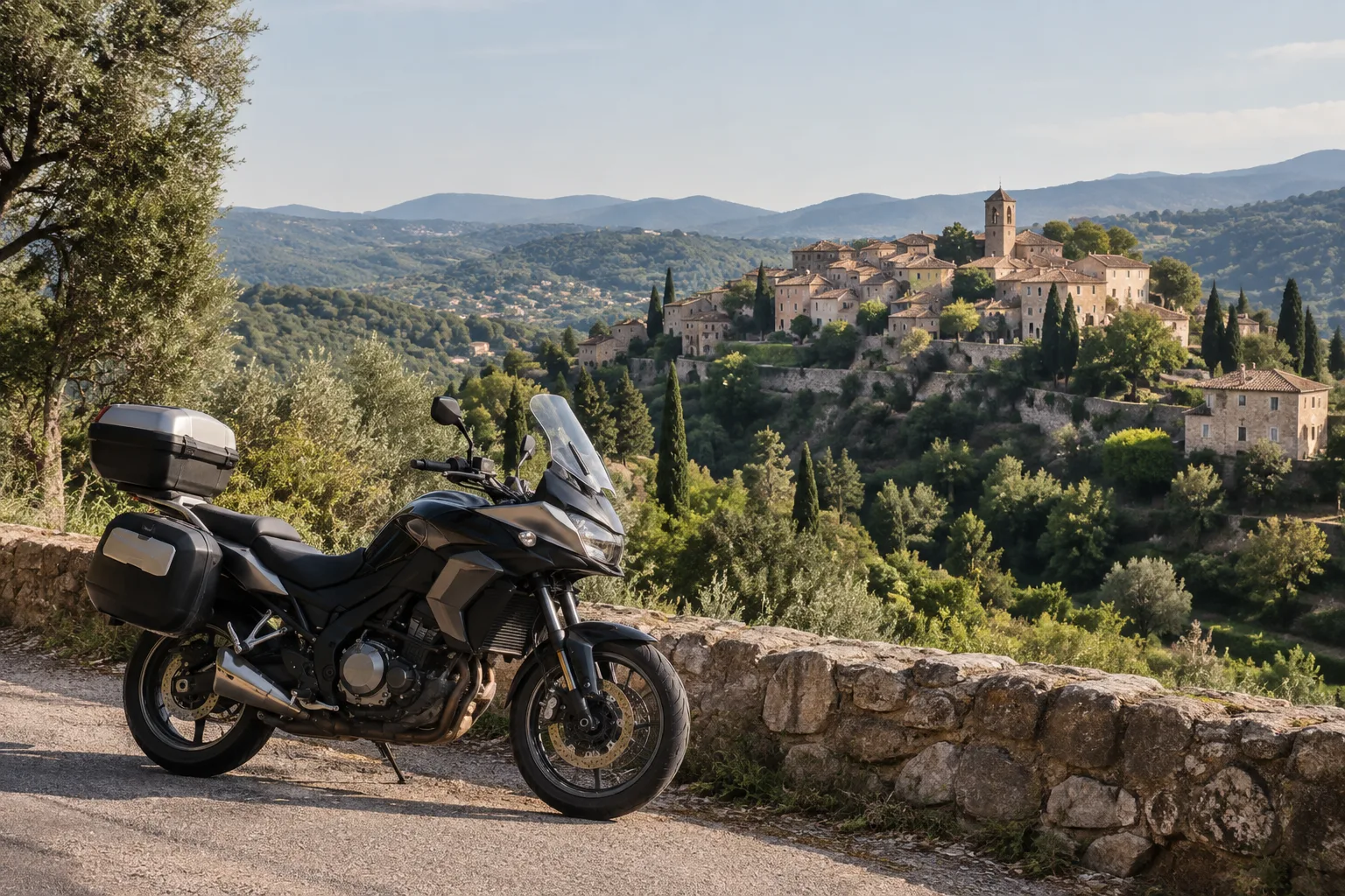 Une moto stationnée sur une route des collines du pays de Fayence, face à un village perché.