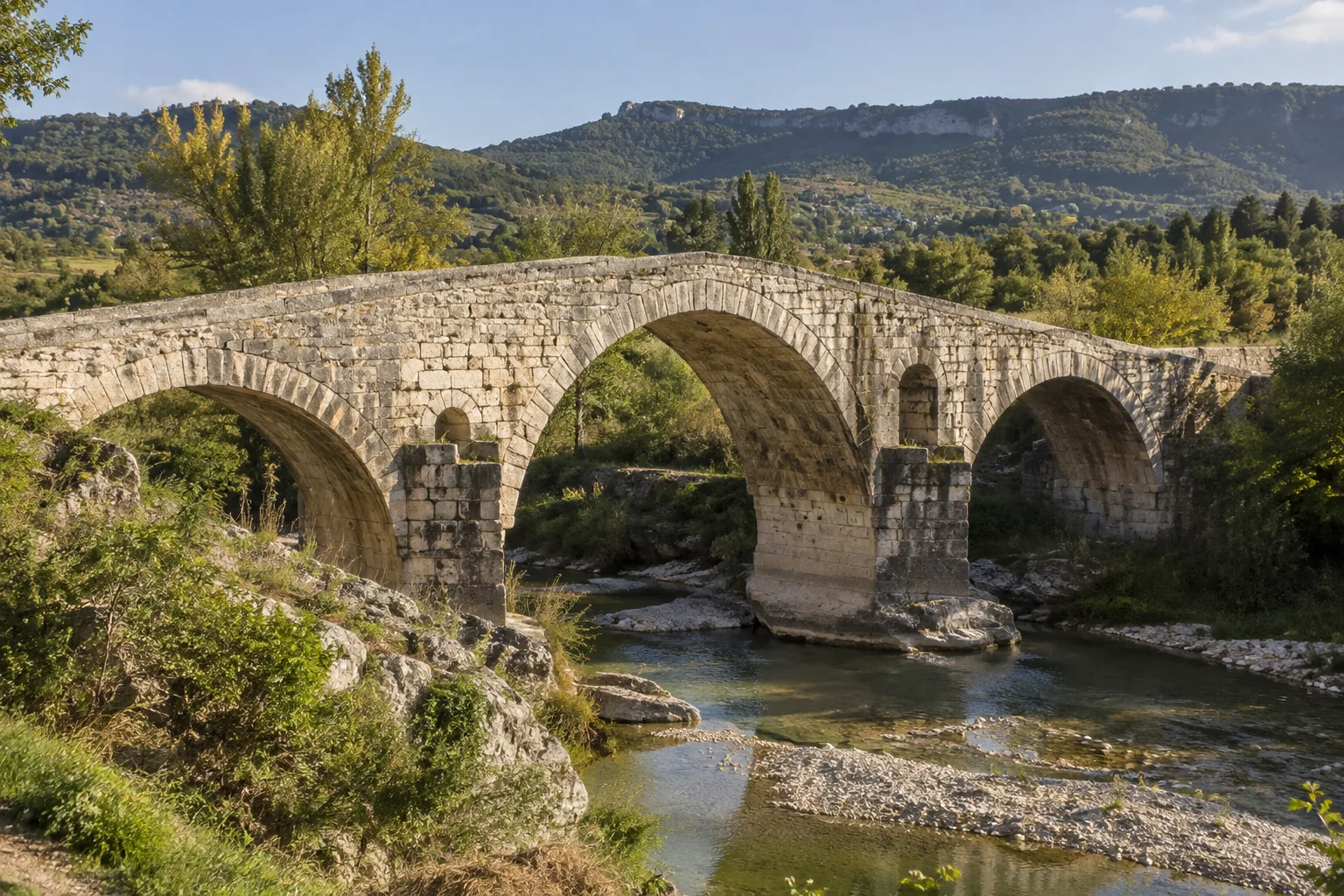 Le Pont Julien en pierre romaine s’élève au-dessus du Calavon, avec les reliefs du Luberon en arrière-plan.