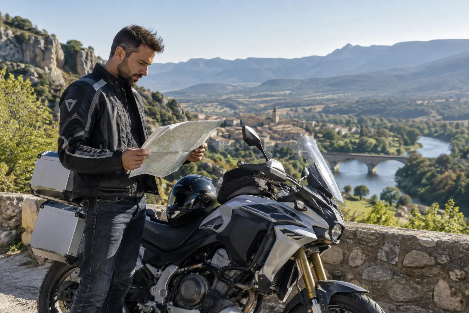 Un motard consulte une carte près de sa moto tandis qu’un pont et une vallée apparaissent au loin.