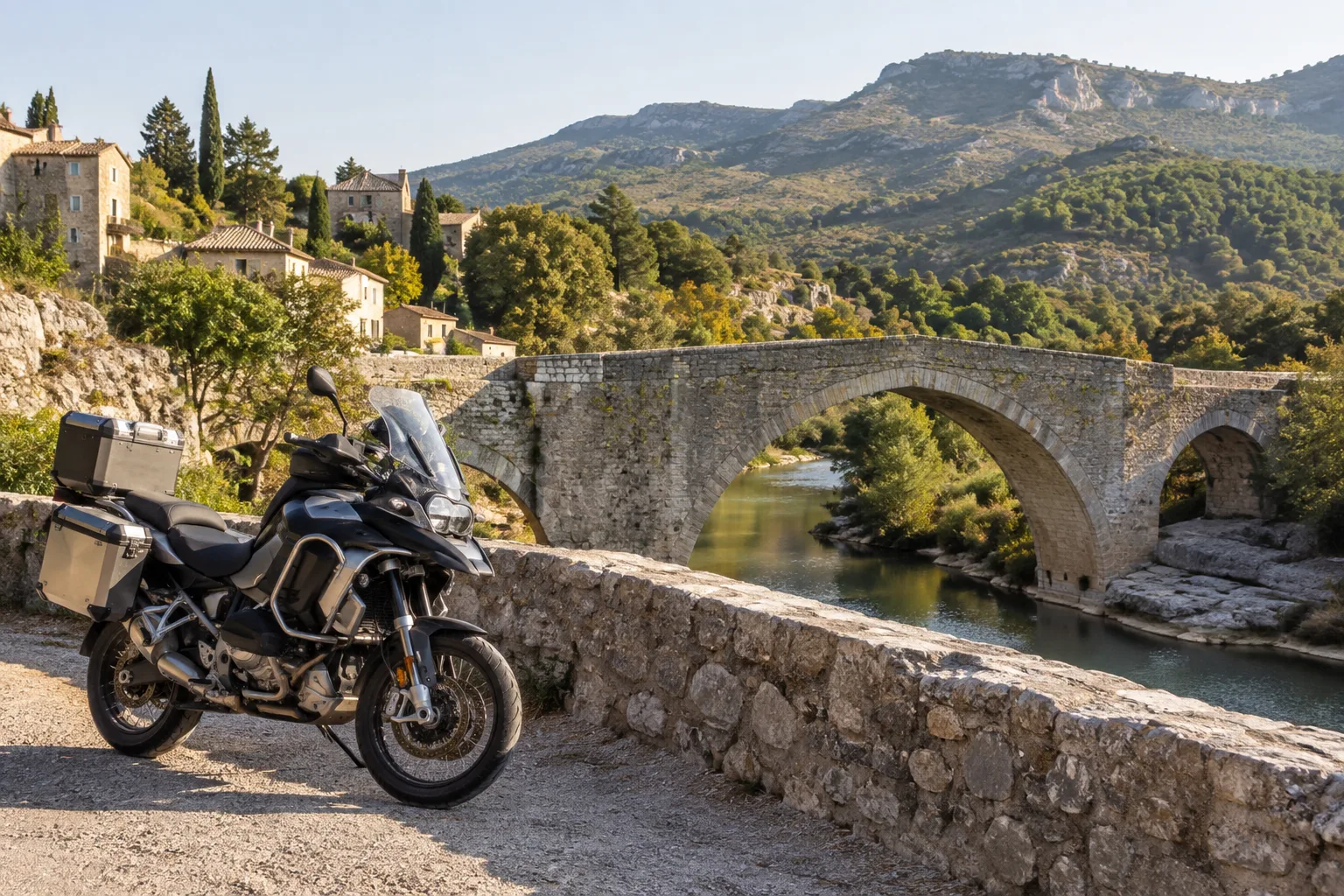 Un pont ancien en pierre franchit une rivière provençale au pied de collines, avec une moto stationnée à l’écart.