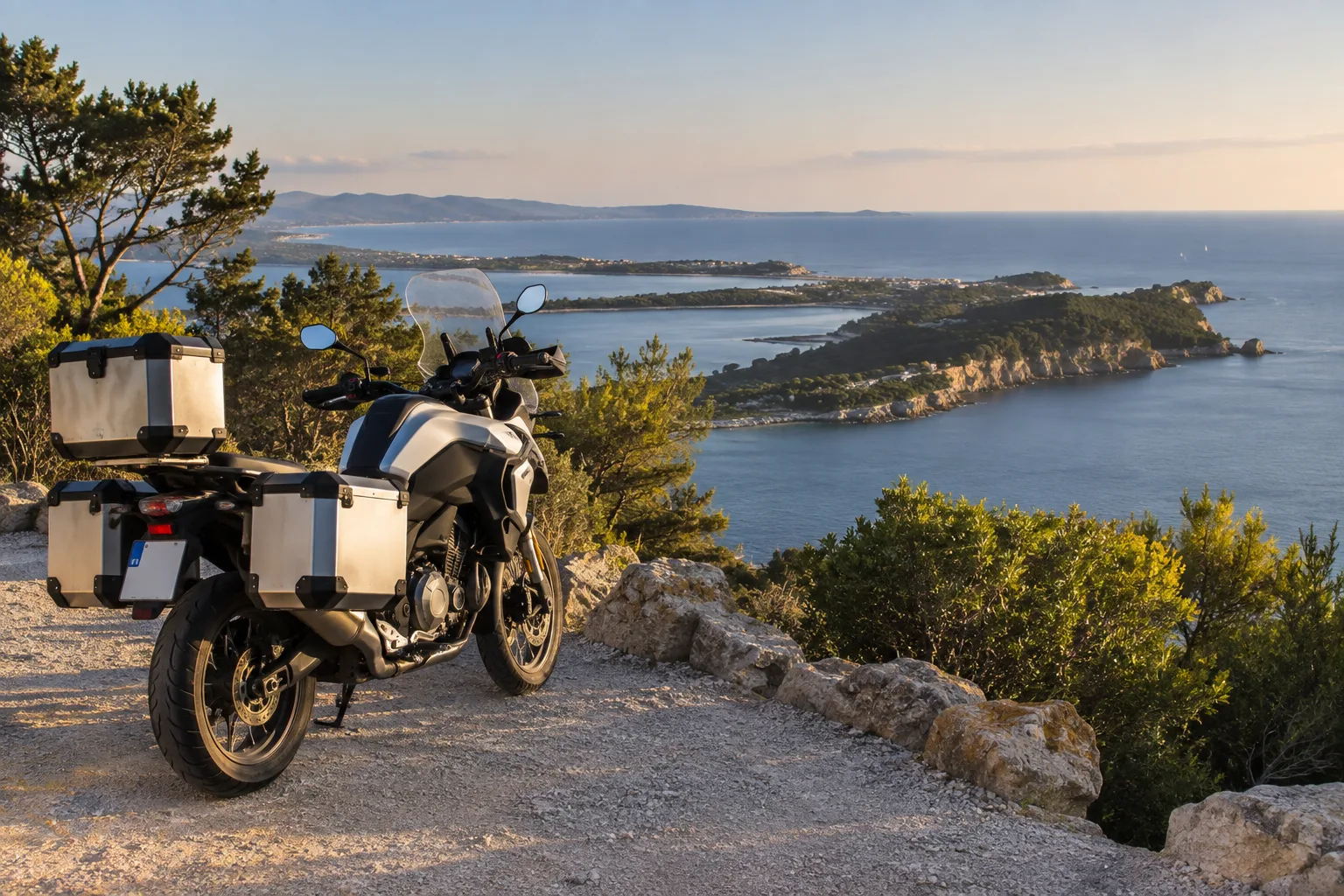 Une moto stationnée face au littoral méditerranéen de la presqu’île de Giens, avec la mer et les reliefs provençaux en arrière-plan.