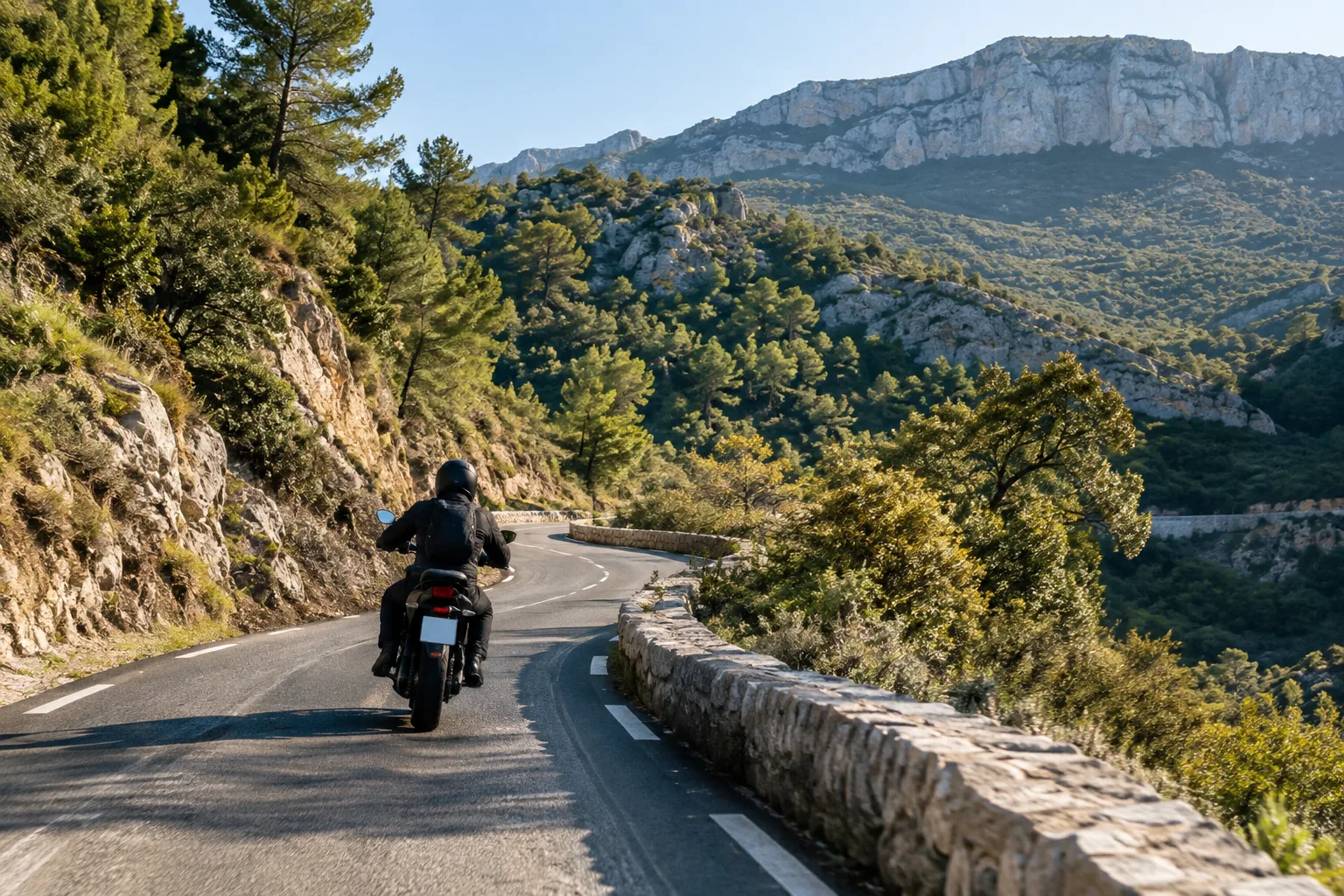 Un motard suit une route sinueuse bordée de forêt sur les reliefs de la Sainte-Baume.