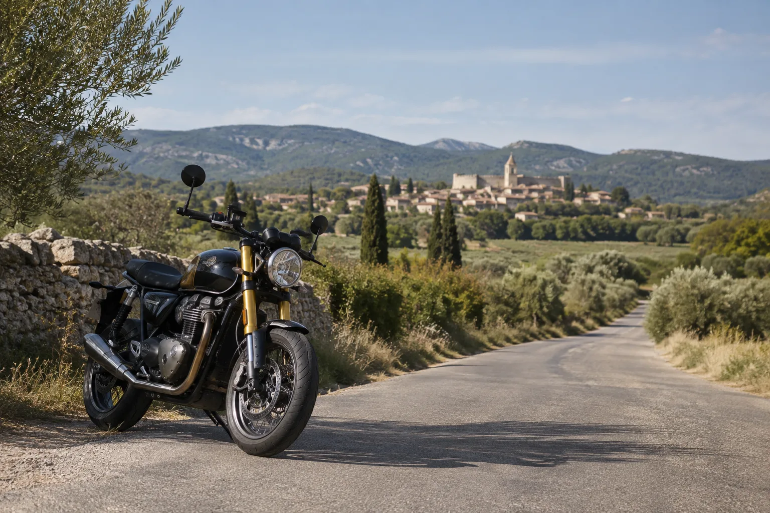 Une moto stationnée sur une route bordée de champs, avec un village provençal et des collines à l’arrière-plan.