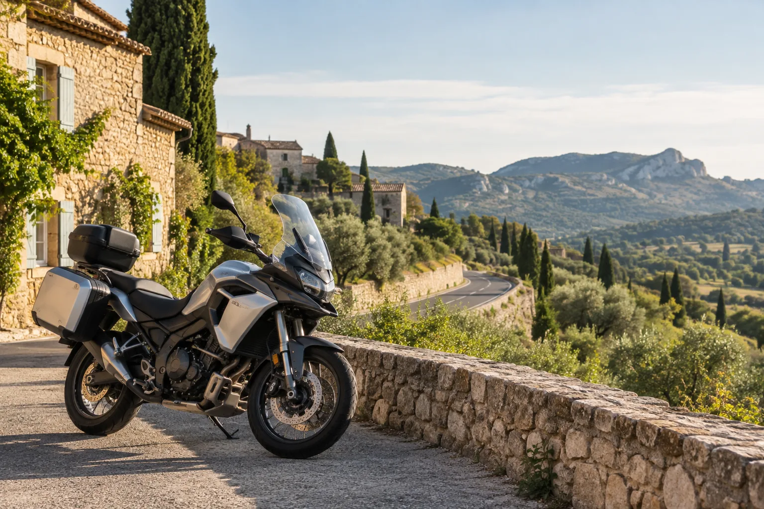Une moto stationnée près d’un muret de pierre au bord d’une route qui traverse les collines provençales.