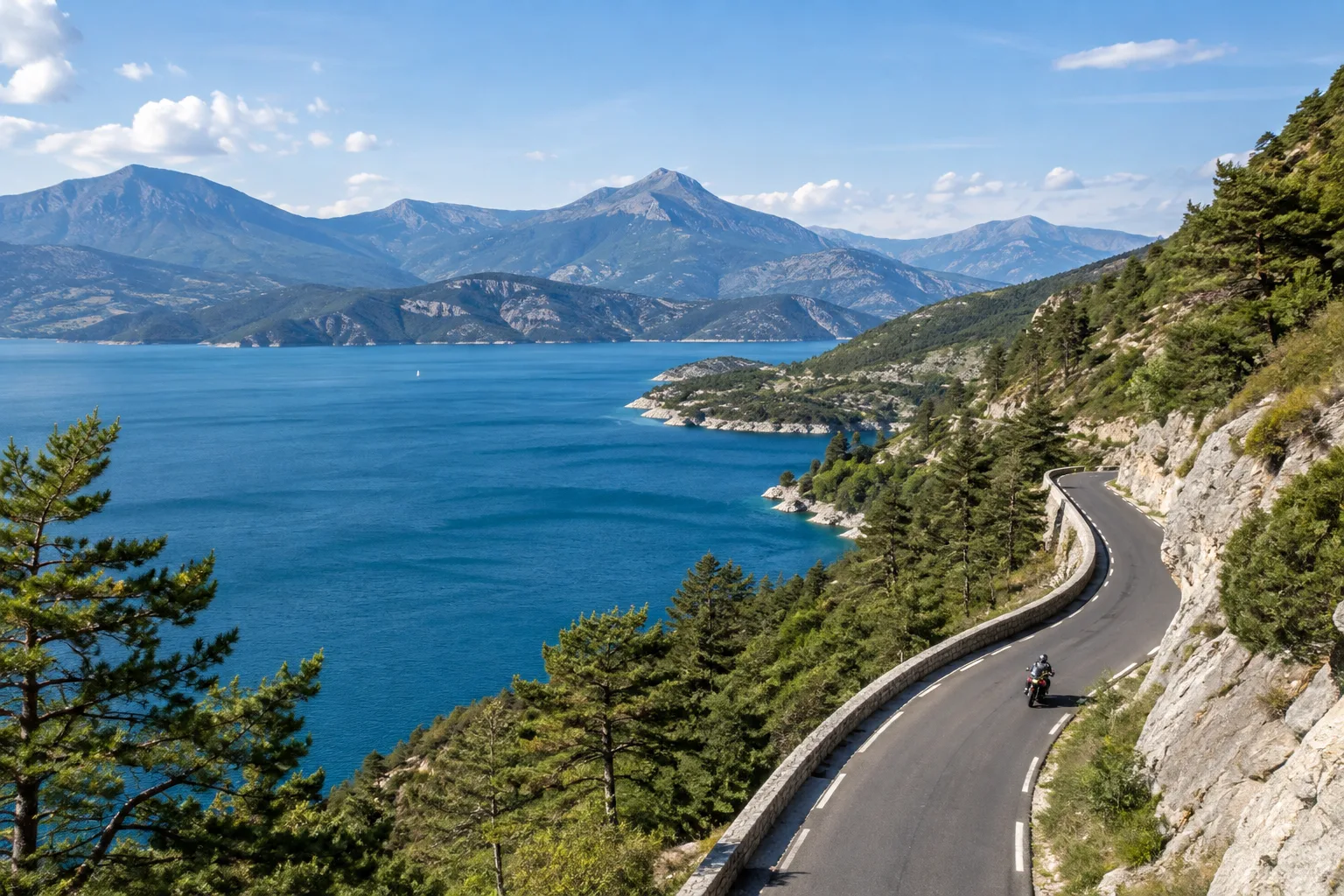 Une route longe les eaux bleues du lac de Serre-Ponçon au pied des reliefs alpins.