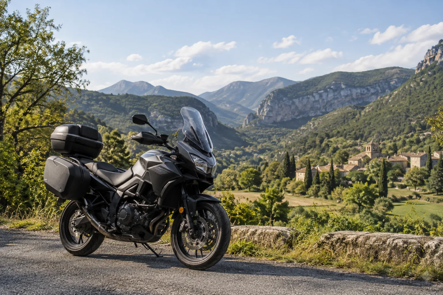 Une moto stationnée sur une route de la vallée du Jabron, avec les reliefs et un village provençal en arrière-plan.