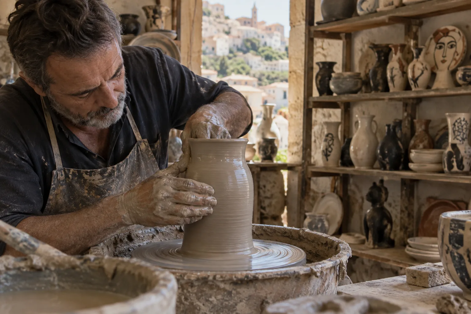 Un artisan façonne une pièce d’argile au tour dans un atelier de poterie.
